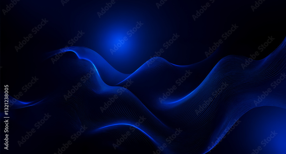 Obraz premium Abstract blue waves flow across a dark backdrop, illuminated by a bright, soft glow at the top. The smooth, curving lines create a sense of depth and movement.