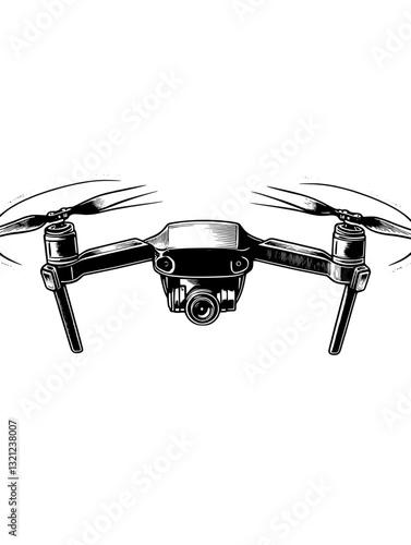 Engraved vector illustration of a drone in flight showcasing dynamic design suitable for tattoo and packaging