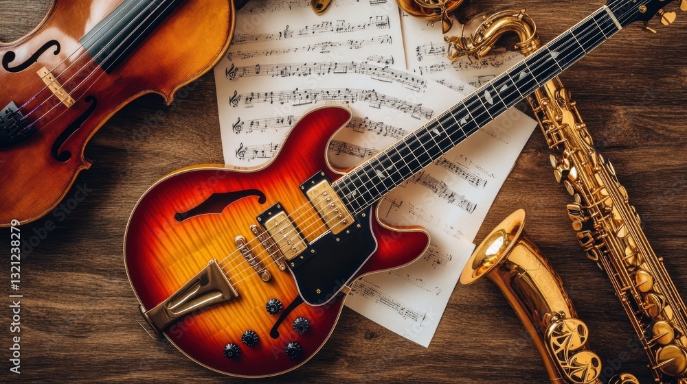 Fototapeta premium Musical Instruments Harmony: Violin, Guitar, Saxophone on Sheet Music