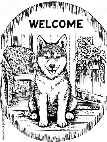 Playful welcome sign featuring a charming dog illustration in a cozy outdoor setting with a hint of nature's embrace