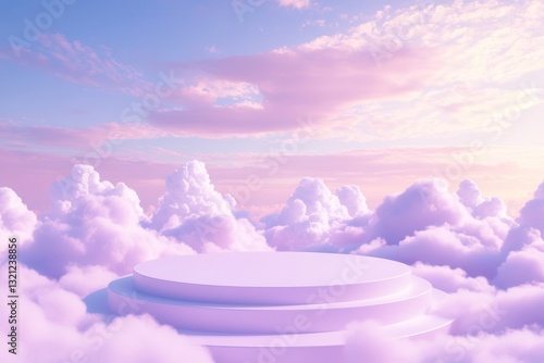 Pastel cloudscape with tiered, white platform.