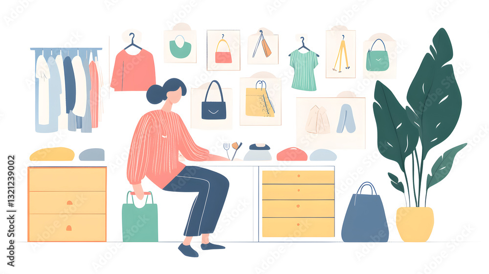 A person creating a capsule wardrobe, with large, colorful sketches of hangers and minimalist icons