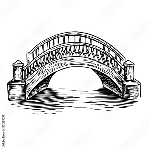 Vintage engraved illustration of a decorative bridge spanning a serene waterway, perfect for tattoo designs or packaging elements