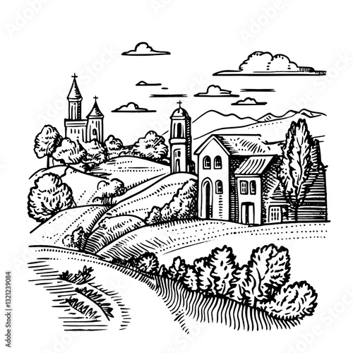 Engraved landscape illustration featuring serene hills, charming houses, and distant mountains captured in a timeless design