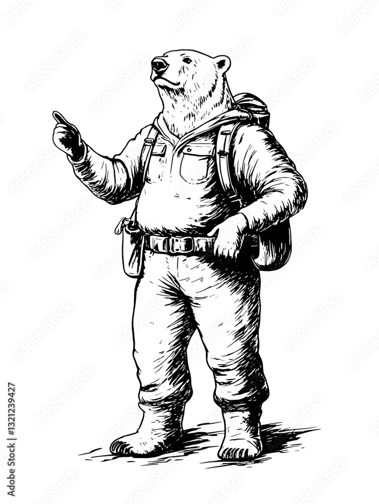 Adventurous bear in explorer outfit pointing towards the horizon for an exciting journey Adventurous bear in explorer outfit pointing towards the horizon for an exciting journey
