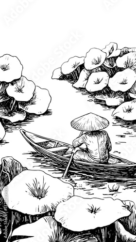 Delicate balance of nature and art in a serene water lily landscape with a contemplative figure in a boat