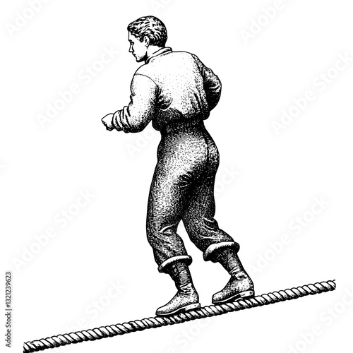 Balancing on a rope captures the essence of courage and skill in an artistic engraved illustration for diverse uses