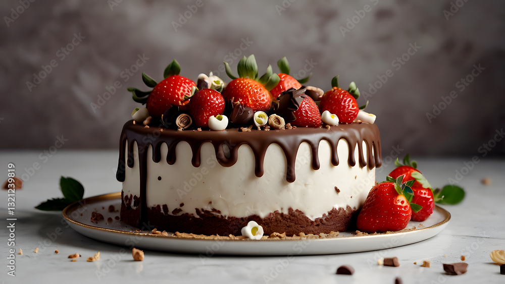 The concept of festive dishes. Bakery. A beautiful delicious cake with fresh strawberries and chocolate on the table. Birthday treats and sweets. The concept of festive dishes. Bakery. A beautiful delicious cake with fresh strawberries and chocolate on the table. Birthday treats and sweets.