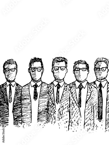 Distinctive vector engraving of a group of bespectacled men in suits perfectly suited for tattoo art and packaging designs