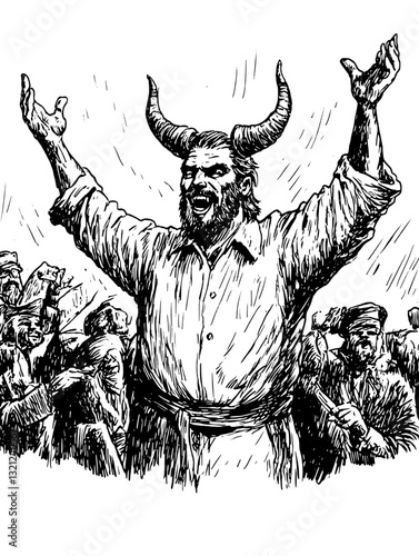 Exuberant figure with horns passionately addressing a crowd in a dramatic and powerful display of leadership and influence