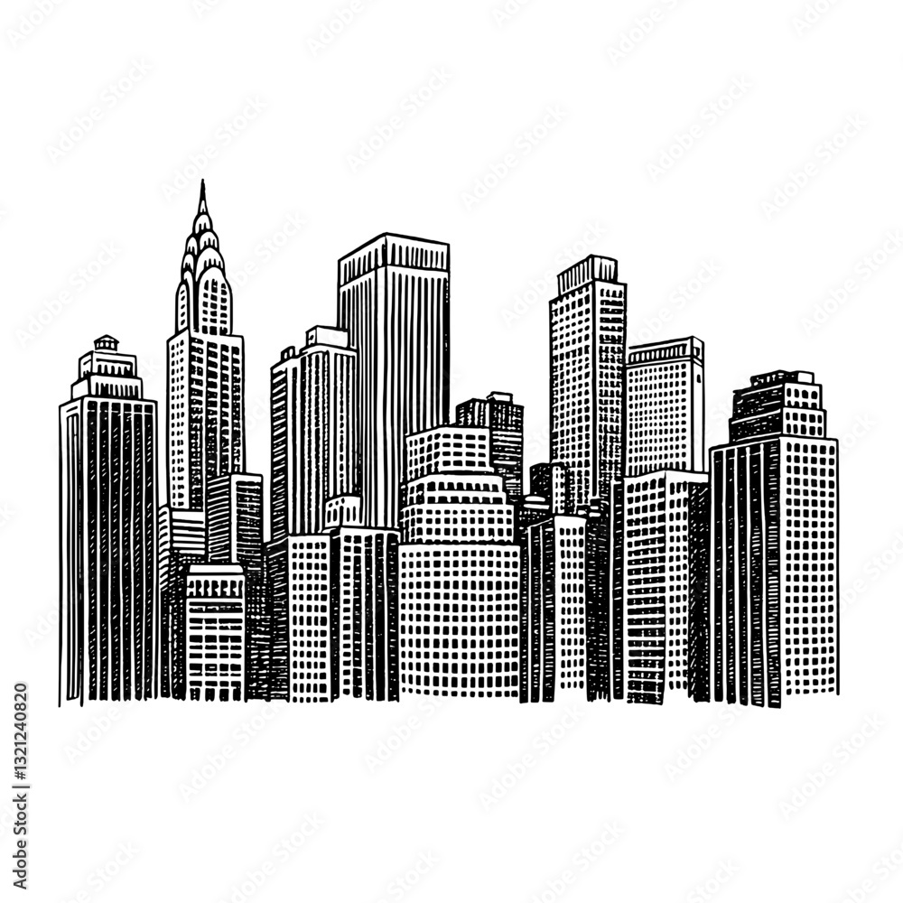 Fototapeta premium Charming skyline illustration featuring intricate engravings of architectural wonders in a timeless vector style