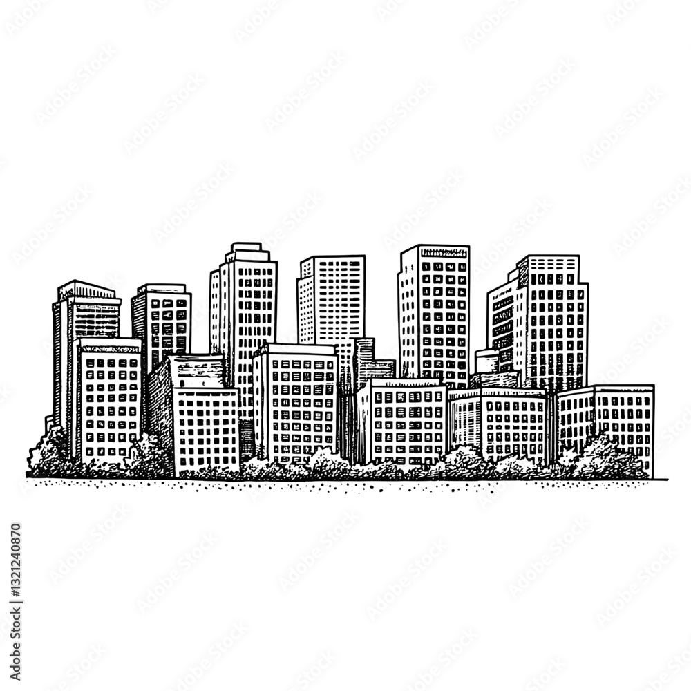 Engraved vector illustration of a bustling city skyline showcasing modern architecture and urban life Engraved vector illustration of a bustling city skyline showcasing modern architecture and urban life