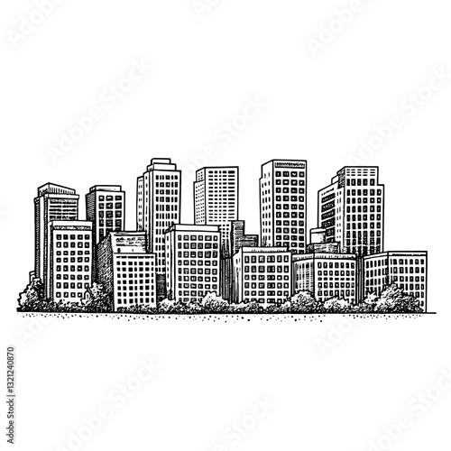 Engraved vector illustration of a bustling city skyline showcasing modern architecture and urban life
