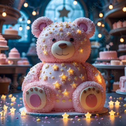 Wallpaper Mural whimsical teddy bear cake, adorned with pink frosting and star accents, sits amidst a magical, softly lit setting Torontodigital.ca