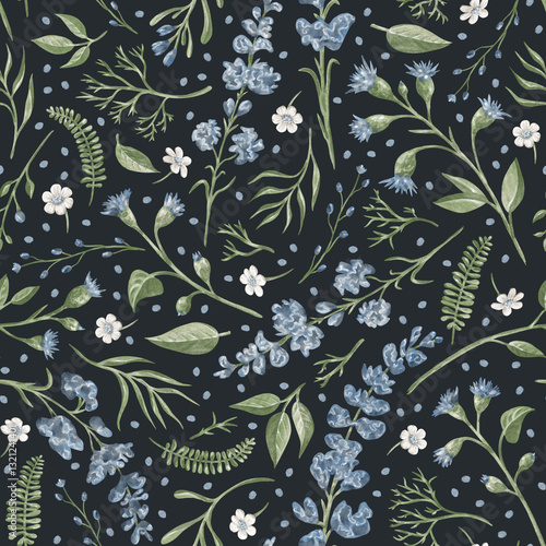 Seamless floral pattern of painted blue wildflowers and daisies on a dark blue background