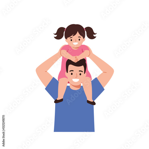 Father carrying daughter on shoulders in minimal flat vector art