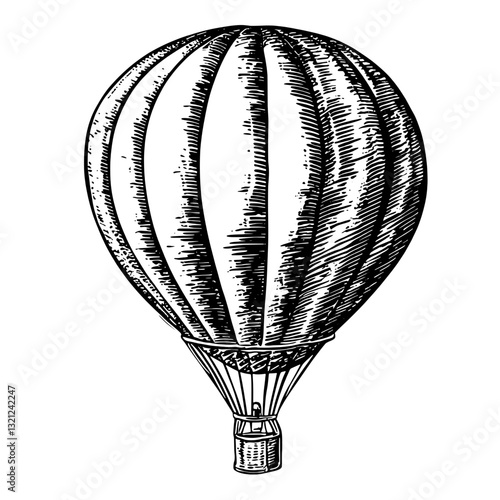 Engraved vintage hot air balloon design for artistic tattoos and packaging