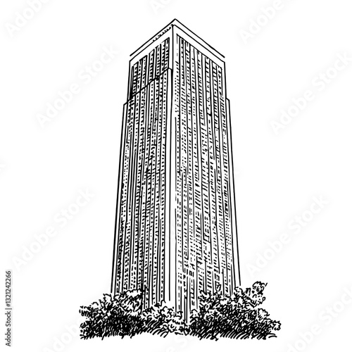 Engraved vector illustration of a towering skyscraper surrounded by lush trees, perfect for tattoo and packaging design