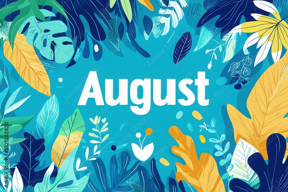 A colorful design filled with tropical leaves and foliage surrounds the word August. The background features shades of blue, green, and yellow, creating a lively atmosphere welcoming the month. A colorful design filled with tropical leaves and foliage surrounds the word August. The background features shades of blue, green, and yellow, creating a lively atmosphere welcoming the month.