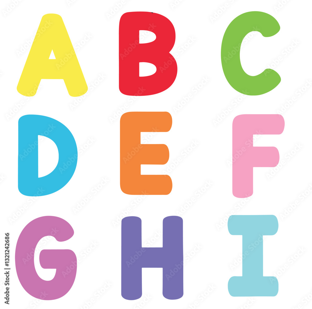 Naklejka premium This colorful alphabet icon features soft, rounded letters in a modern style. The bright hues create a fun and friendly look, ideal for kids' learning materials and creative typography.