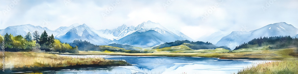 Serene watercolor landscape of spring mountains with calm lake, lush greenery, and peaceful atmosphere. Serene watercolor landscape of spring mountains with calm lake, lush greenery, and peaceful atmosphere.