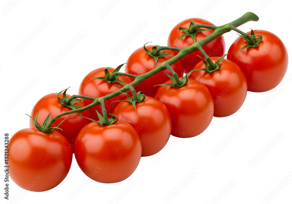 Cluster of Fresh Red Tomatoes on the Vine Against Transparent Background Cluster of Fresh Red Tomatoes on the Vine Against Transparent Background
