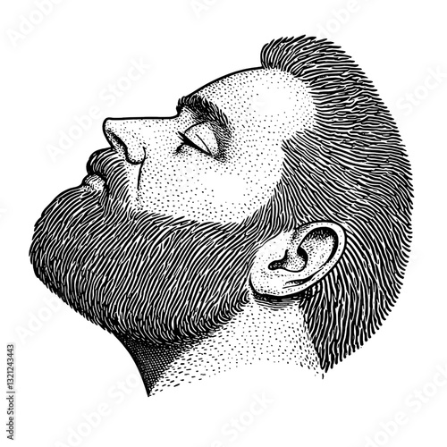 Detailed engraving of a man with a majestic beard in profile view showcasing classic tattoo artistry and vector design elements
