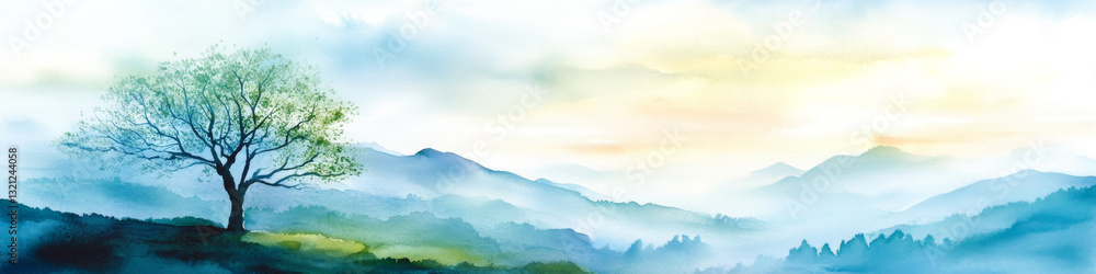 serene watercolor landscape of lone tree on hill, with misty mountains and soft sunrise blending into horizon. serene watercolor landscape of lone tree on hill, with misty mountains and soft sunrise blending into horizon.