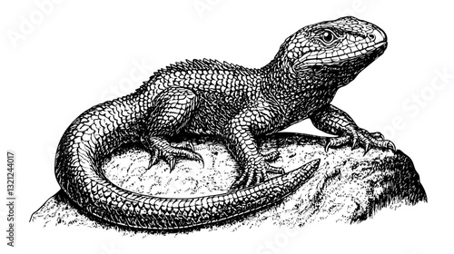 Engraved illustration of a detailed lizard resting on a rock, perfect for tattoo design and packaging art
