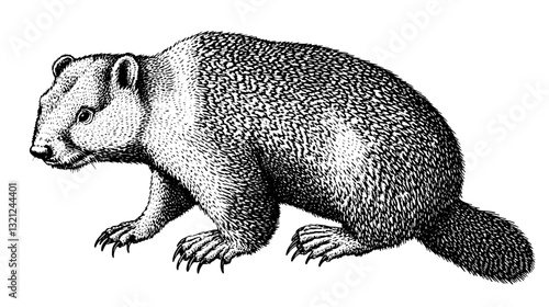 Engraved illustration of a detailed and realistic groundhog suitable for tattoo art and packaging designs