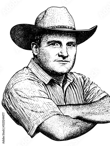 Captivating engraved illustration of a confident rancher exuding strength and resilience in his work environment