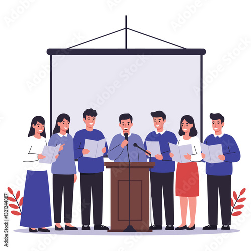 Group of people presenting at a podium in flat vector art illustration