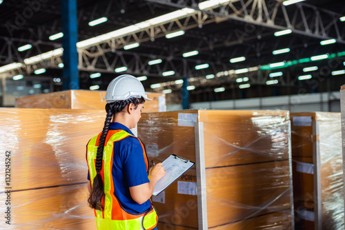 Warehouse worker checks inventory while organizing boxes in a storage facility during daylight hours