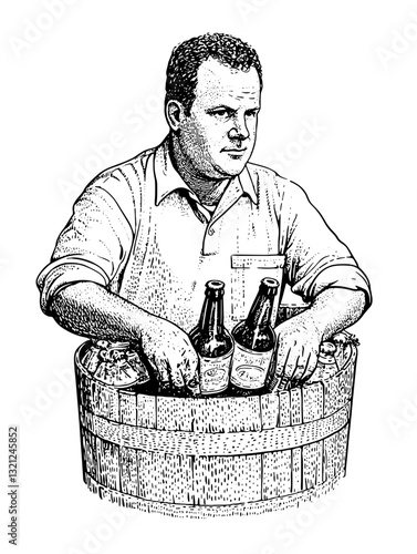 Engraved illustration of a man holding beer bottles in a wooden barrel for creative tattoo design