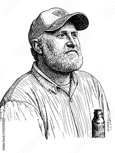 Engraved portrait of a contemplative man in a baseball cap enjoying a beverage, captured in exquisite vector detail