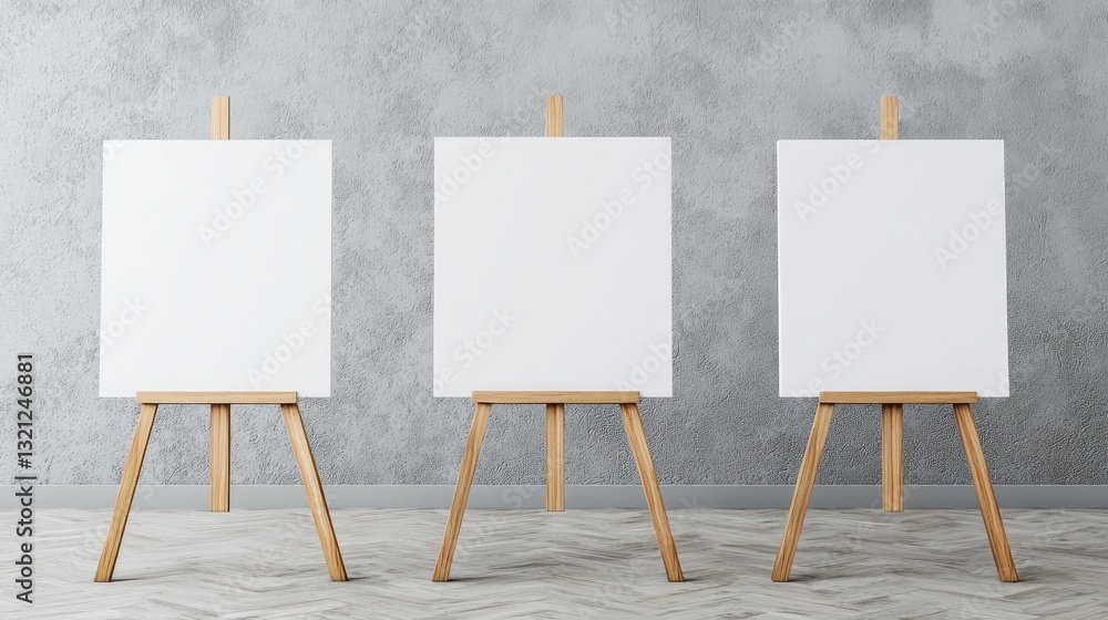 Three blank canvas on wooden easels against a gray wall and parquet floor. Mockup for art, presentation, or display. Three blank canvas on wooden easels against a gray wall and parquet floor. Mockup for art, presentation, or display.