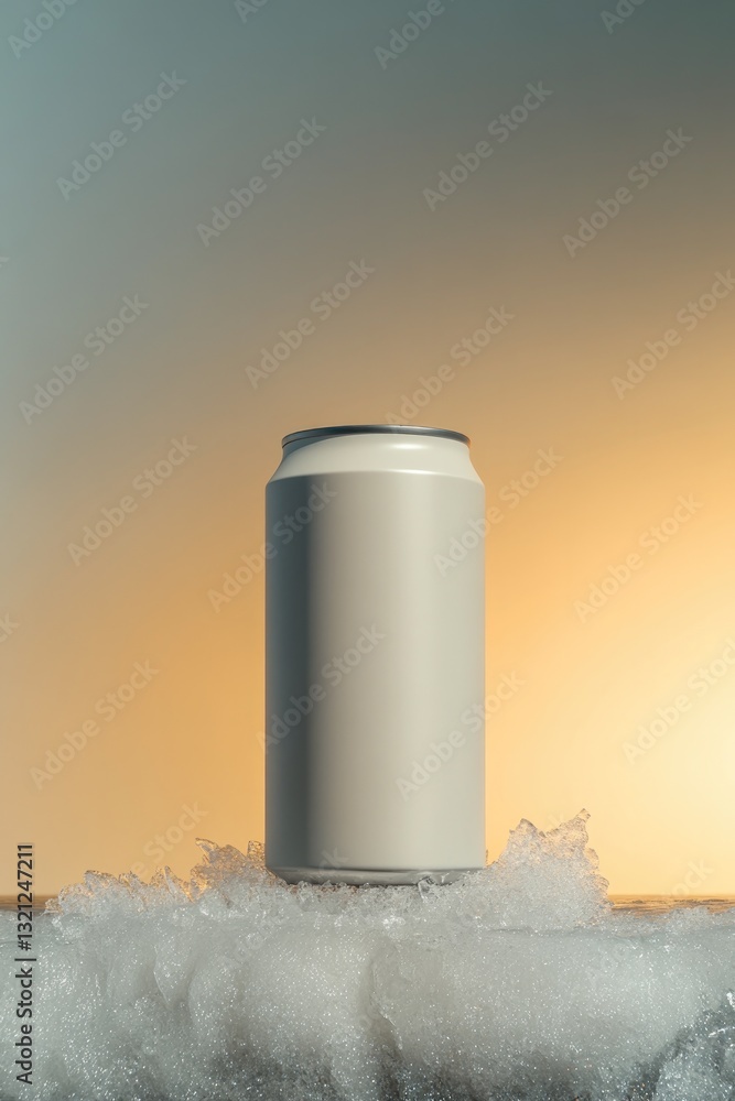 Obraz premium Minimalistic can surrounded by bubbles, warm gradient background