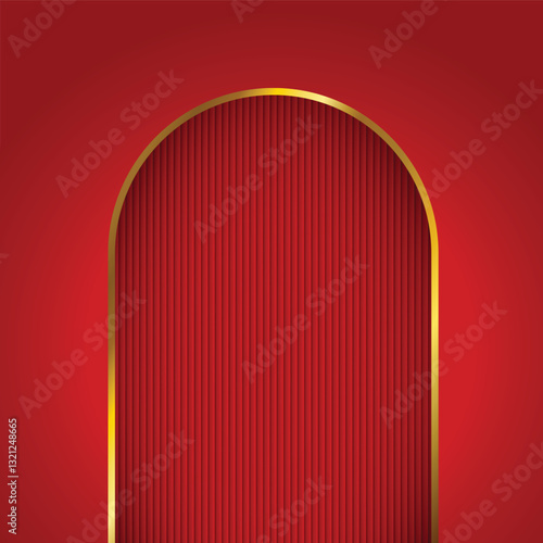 Red background with Gold arch, arch gate. Luxury minimal wall scene mockup product stage showcase, Banner promotion display. Abstract vector geometric forms.