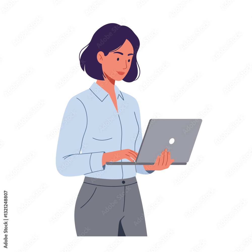 Woman using laptop in flat design style vector art Woman using laptop in flat design style vector art