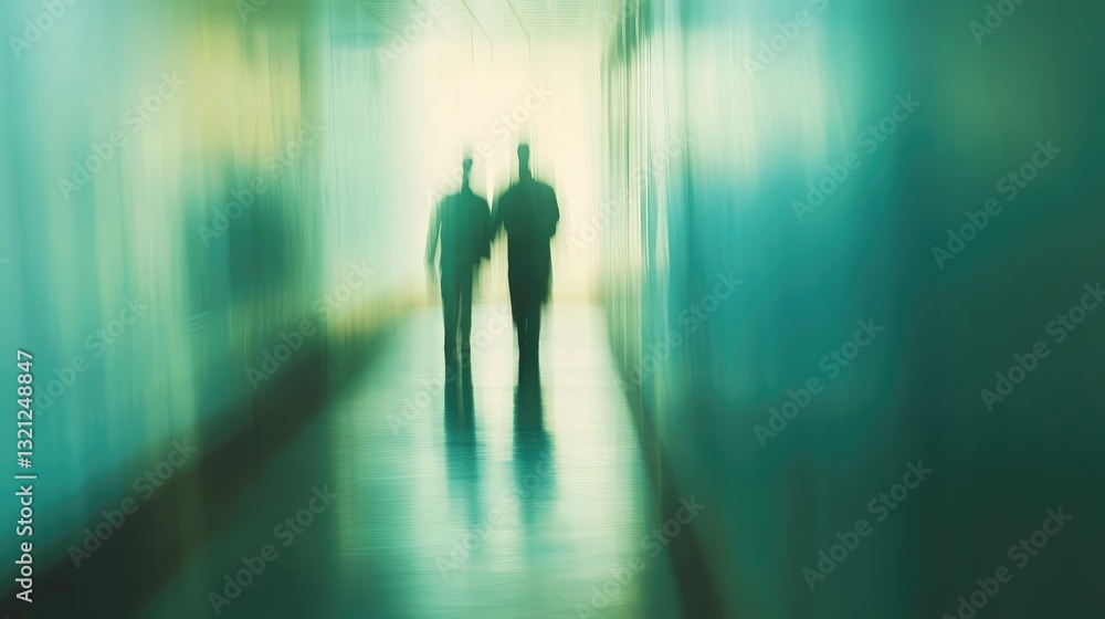 Fototapeta premium Two silhouetted figures walking down a blurred corridor, suggesting movement and mystery in a modern building