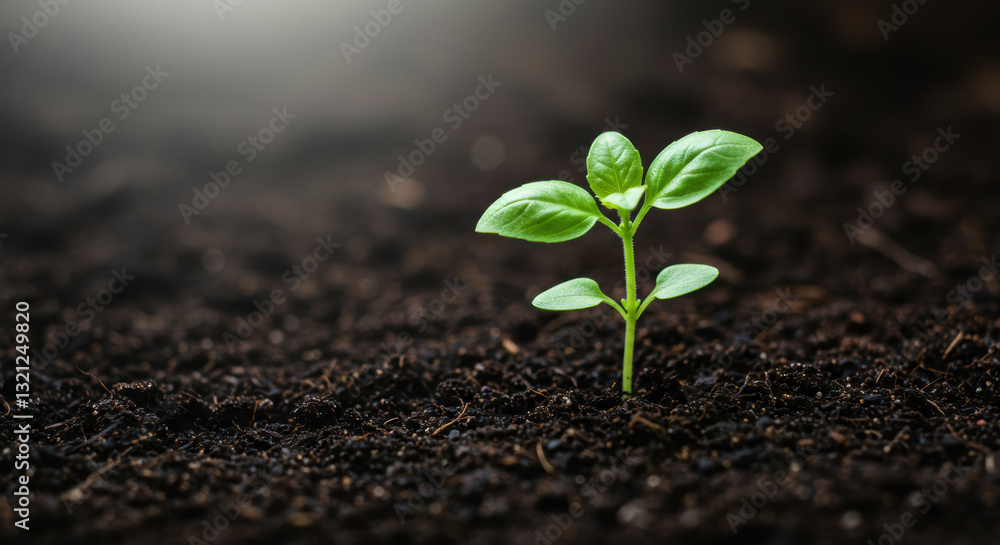 Naklejka premium A young basil seedling sprouts from rich, dark earth, symbolizing growth and new beginnings.