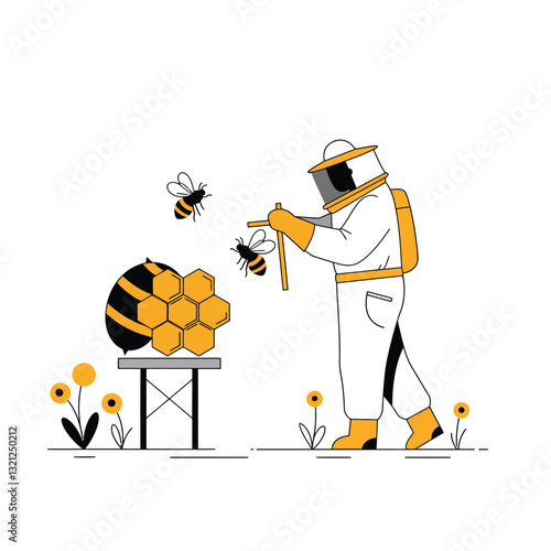 Beekeeper inspecting hive with bees in a flat and minimal vector illustration