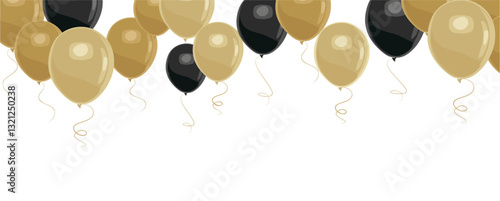 Celebration banner, background, border with gold and black balloons. Design template for Christmas, New Year, birthday, anniversary greeting card, party invitation. Vector illustration isolated.