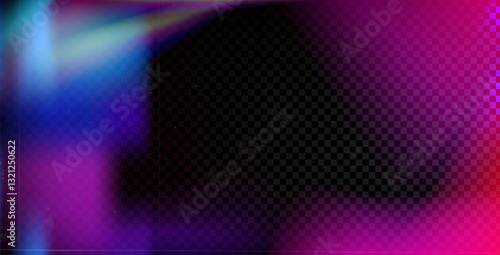 Film light leaks texture. Distressed retro photo burn effect. Movie filter overlay frame. Blur bright gradient with dust, scratches. Iridescent laser beam stripes. Vector transparent purple pink bokeh