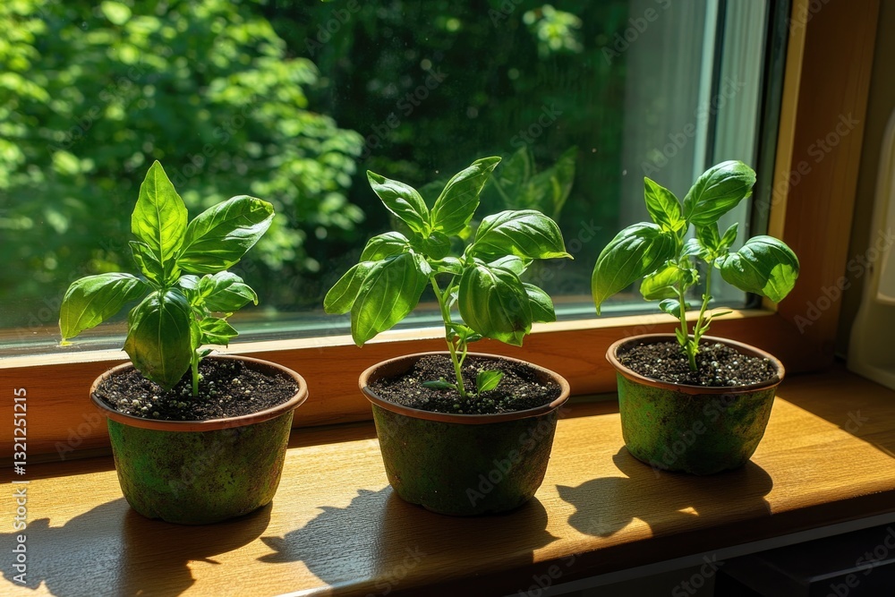 Obraz premium Sunlit window displays thriving basil plants in charming pots, s