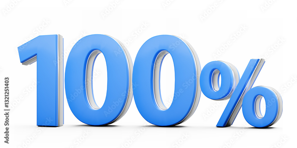 Vibrant Blue 100% Hundred Percent Sign With Metallic Gleam On White Background 3D Illustration