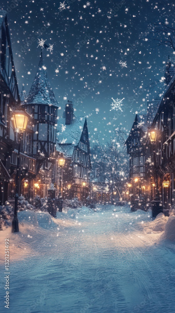 Obraz premium Snowfall on cobblestone street, quaint village, night