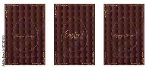 Easter set card. Chocolate brown background with gold egg outline, intricate floral accents, and modern Happy Easter typography. Warm holiday greeting with an embossed pattern.