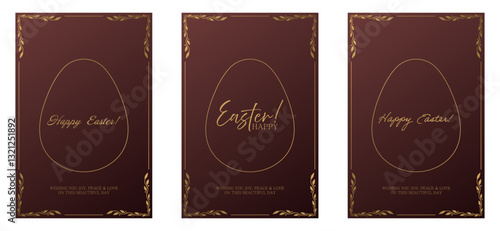 Easter set card. Chocolate brown background with gold egg outline, intricate floral accents, and modern Happy Easter typography. Warm holiday greeting with an embossed pattern.