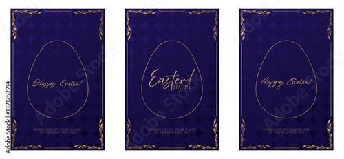 Easter greeting set. Dark blue background with a textured pattern, golden egg outline, and elegant inscriptions. Ornate gold frame with decorative leaves enhances the festive and luxurious design